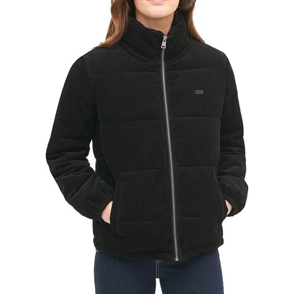 Levi Strauss Women's Size Medium Black Corduroy Puffer Coat Full Zip Lined - Picture 1 of 15